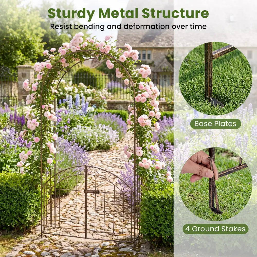 Heavy-Duty Metal Garden Arch with Gate and Safety Latch-Bronze - Bronze - Garden Arbors