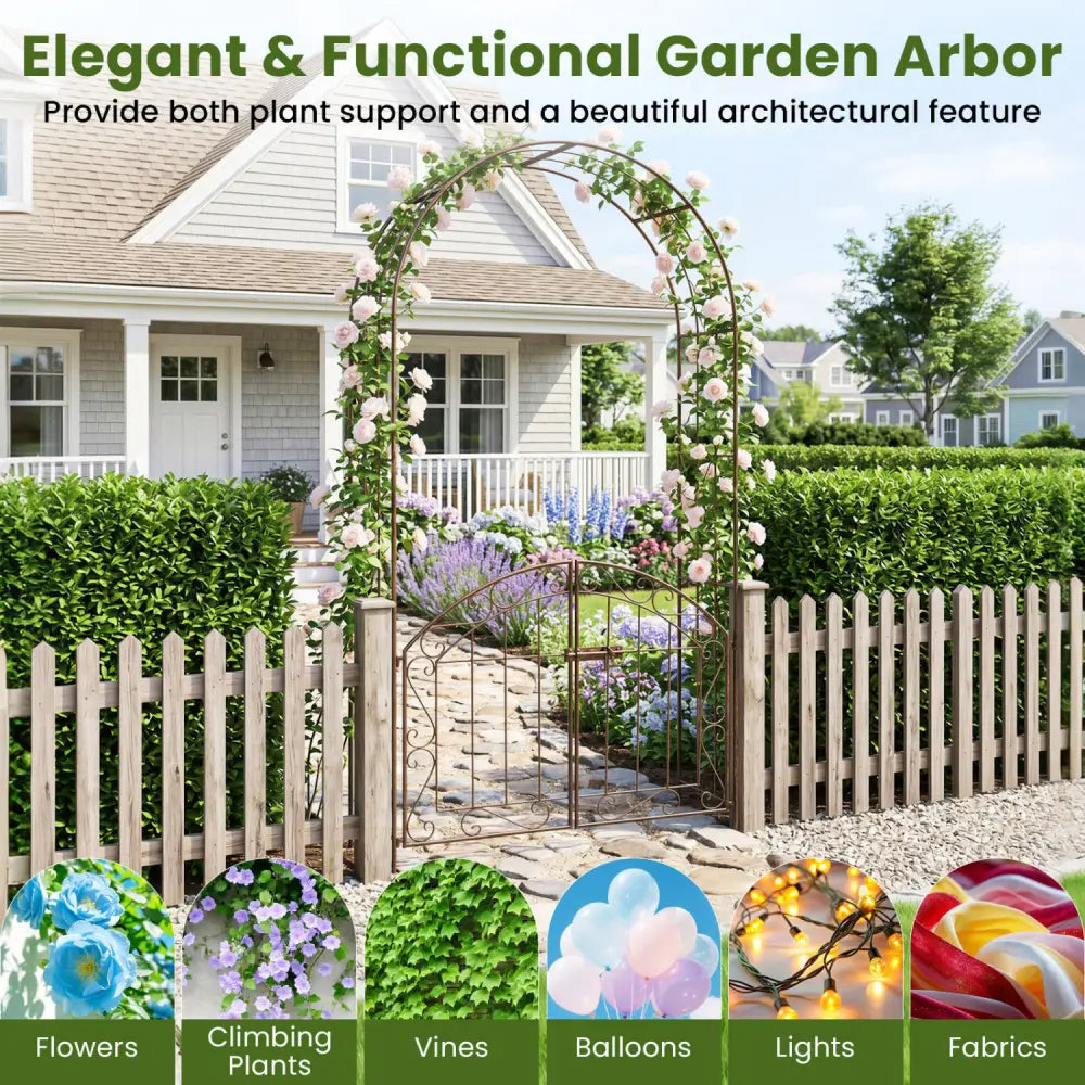 Heavy-Duty Metal Garden Arch with Gate and Safety Latch-Bronze - Bronze - Garden Arbors