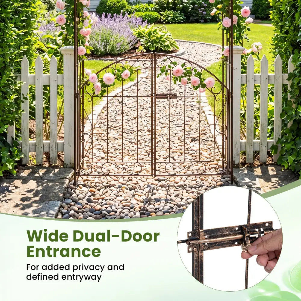 Heavy-Duty Metal Garden Arch with Gate and Safety Latch-Bronze - Bronze - Garden Arbors