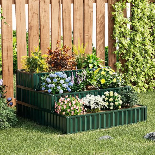 Heavy-Duty Metal Outdoor 3-Tier Raised Garden Bed Planter Box-Green - Green - Raised Garden Beds