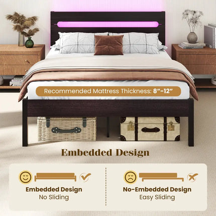 Heavy-Duty Metal Slats Support Bed Platform with Charging Station-Walunt - Walnut - Simple Bed Frame