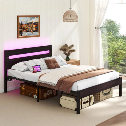 Heavy-Duty Metal Slats Support Bed Platform with Charging Station-Walunt - Walnut - Simple Bed Frame