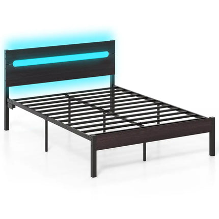 Heavy-Duty Metal Slats Support Bed Platform with Charging Station-Walunt - Walnut - Simple Bed Frame