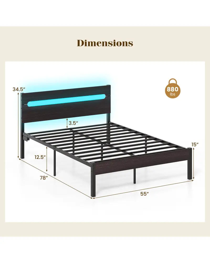 Heavy-Duty Metal Slats Support Bed Platform with Charging Station-Walunt - Walnut - Simple Bed Frame