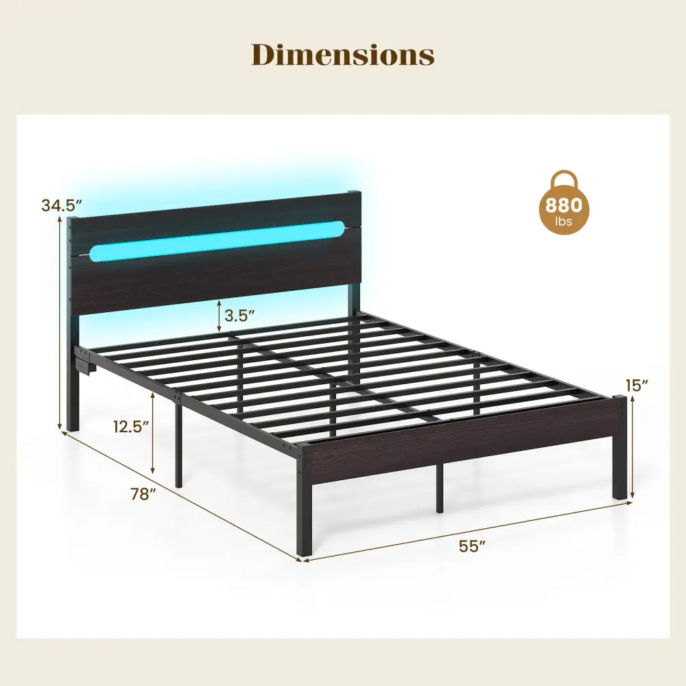 Heavy-Duty Metal Slats Support Bed Platform with Charging Station-Walunt - Walnut - Simple Bed Frame