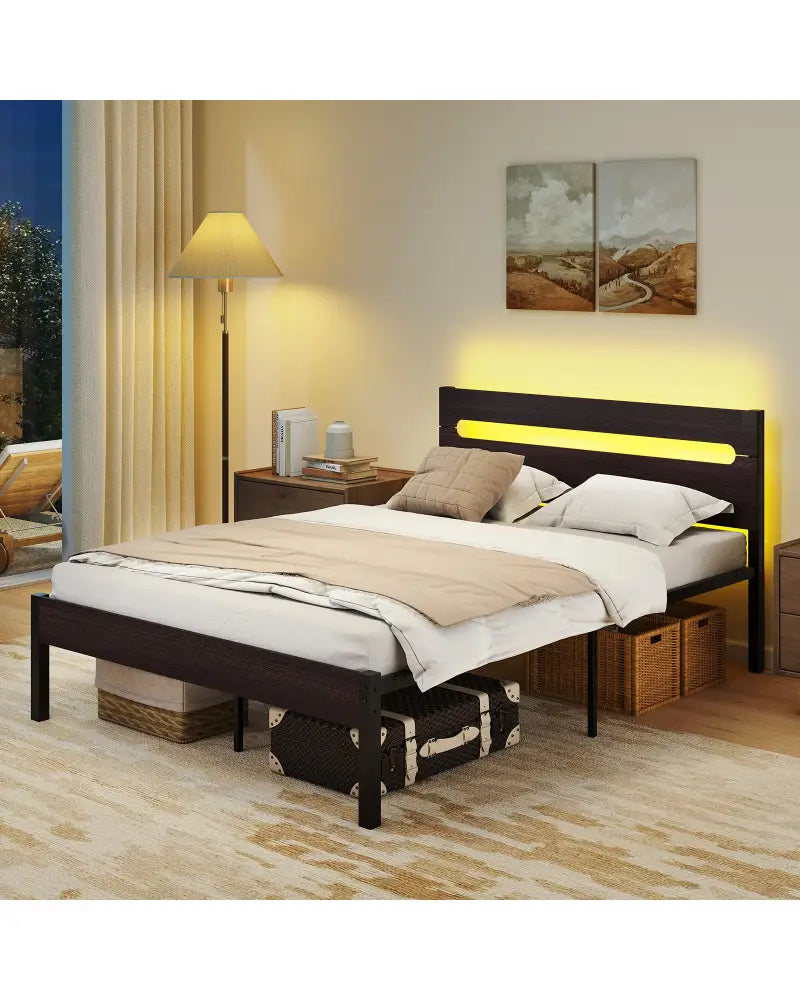 Heavy-Duty Metal Slats Support Bed Platform with Charging Station-Walunt - Walnut - Simple Bed Frame