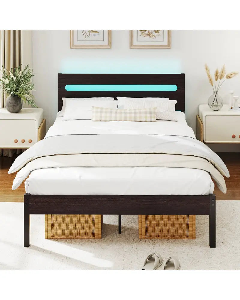 Heavy-Duty Metal Slats Support Bed Platform with Charging Station-Walunt - Walnut - Simple Bed Frame