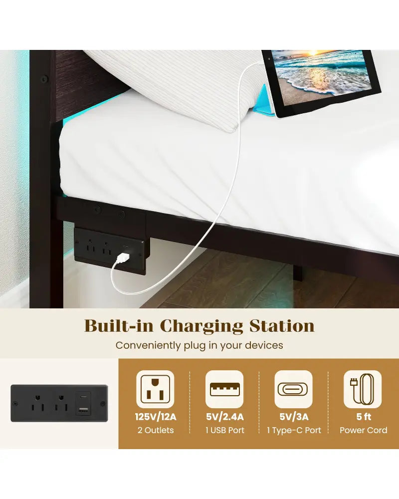 Heavy-Duty Metal Slats Support Bed Platform with Charging Station-Walunt - Walnut - Simple Bed Frame