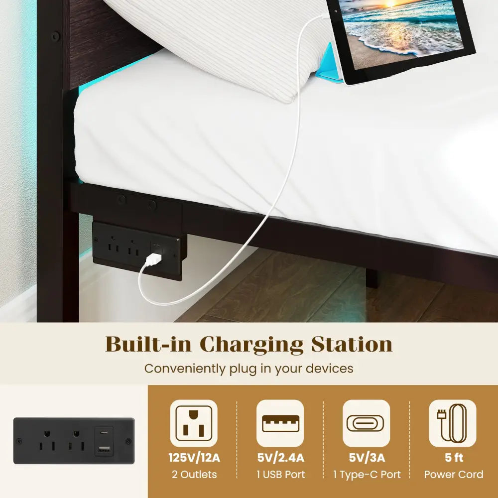 Heavy-Duty Metal Slats Support Bed Platform with Charging Station-Walunt - Walnut - Simple Bed Frame