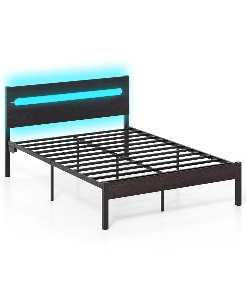 Heavy-Duty Metal Slats Support Bed Platform with Charging Station-Walunt - Walnut - Simple Bed Frame