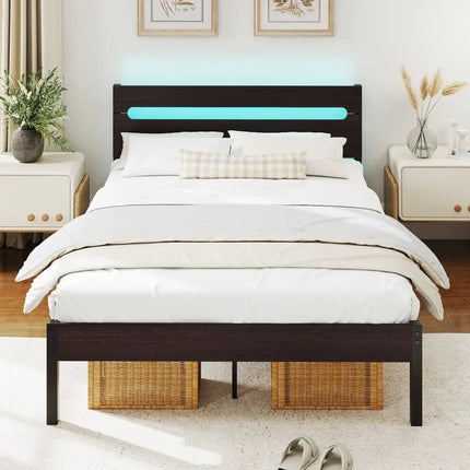 Heavy-Duty Metal Slats Support Bed Platform with Charging Station-Walunt - Walnut - Simple Bed Frame