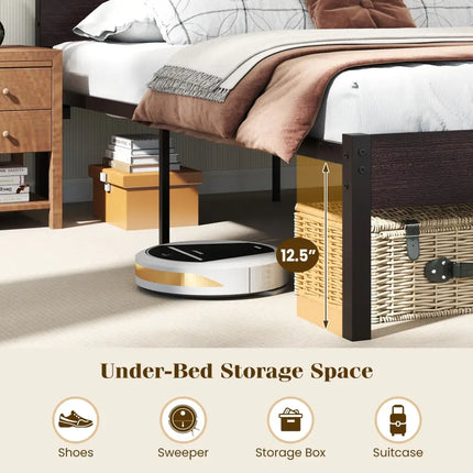 Heavy-Duty Metal Slats Support Bed Platform with Charging Station-Walunt - Walnut - Simple Bed Frame