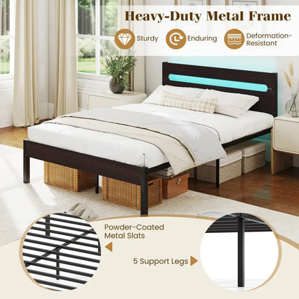 Heavy-Duty Metal Slats Support Bed Platform with Charging Station-Walunt - Walnut - Simple Bed Frame