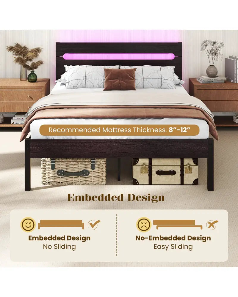 Heavy-Duty Metal Slats Support Bed Platform with Charging Station-Walunt - Walnut - Simple Bed Frame