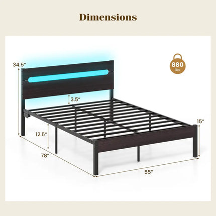 Heavy-Duty Metal Slats Support Bed Platform with Charging Station-Walunt - Walnut - Simple Bed Frame