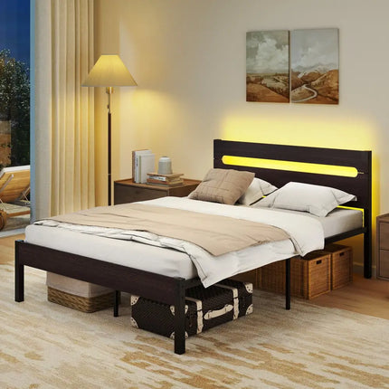 Heavy-Duty Metal Slats Support Bed Platform with Charging Station-Walunt - Walnut - Simple Bed Frame