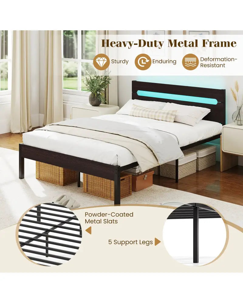 Heavy-Duty Metal Slats Support Bed Platform with Charging Station-Walunt - Walnut - Simple Bed Frame