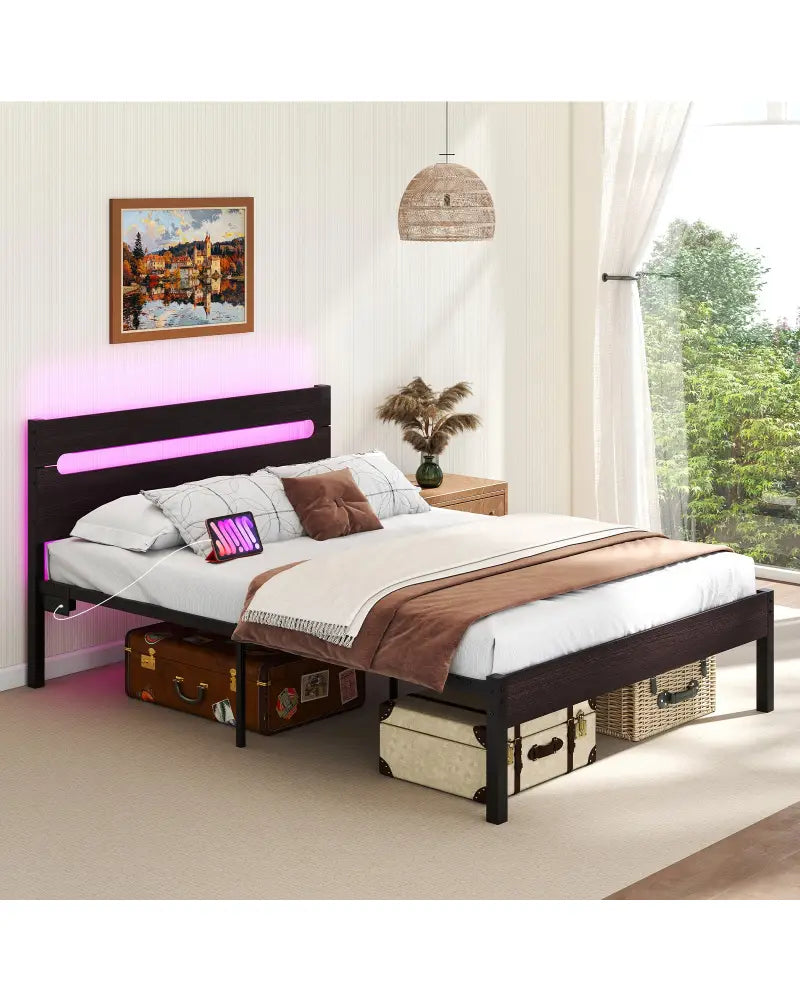 Heavy-Duty Metal Slats Support Bed Platform with Charging Station-Walunt - Walnut - Simple Bed Frame