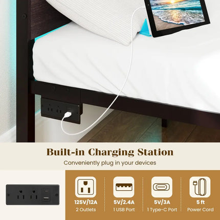 Heavy-Duty Metal Slats Support Bed Platform with Charging Station-Walunt - Walnut - Simple Bed Frame