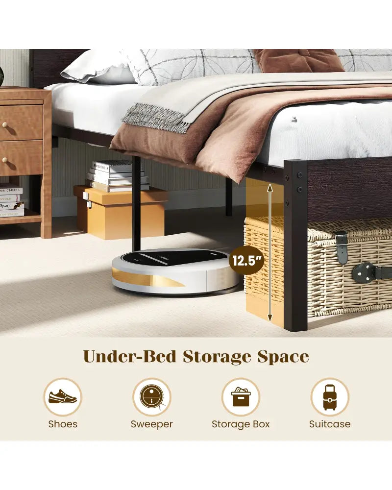 Heavy-Duty Metal Slats Support Bed Platform with Charging Station-Walunt - Walnut - Simple Bed Frame