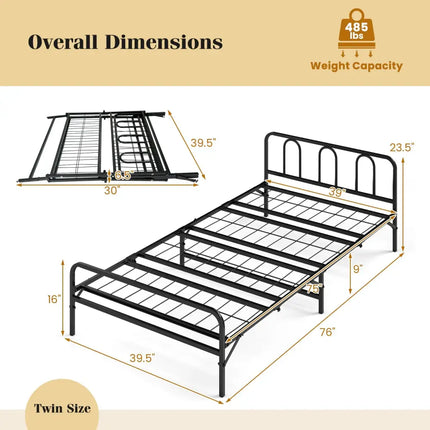 Heavy Duty Metal Twin Foldable Bed Frame with Headboard & Footboard-Black - Black - Folding Beds