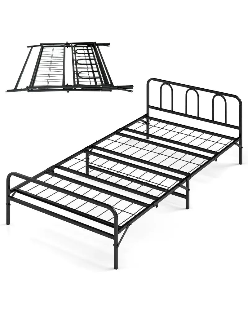 Heavy Duty Metal Twin Foldable Bed Frame with Headboard & Footboard-Black - Black - Folding Beds