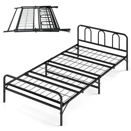 Heavy Duty Metal Twin Foldable Bed Frame with Headboard & Footboard-Black - Black - Folding Beds