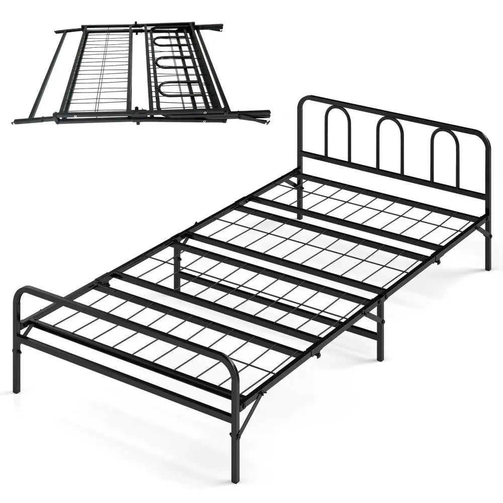 Heavy Duty Metal Twin Foldable Bed Frame with Headboard & Footboard-Black - Black - Folding Beds