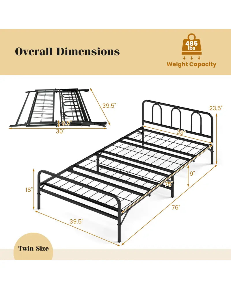Heavy Duty Metal Twin Foldable Bed Frame with Headboard & Footboard-Black - Black - Folding Beds