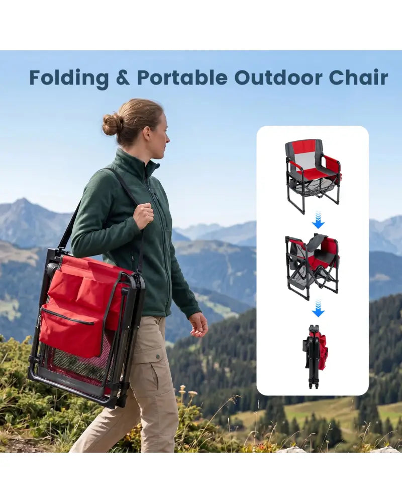 Heavy Duty Outdoor Camping Chair with Cup Holder and Bottle Opener-Red - Red - Camping Furniture
