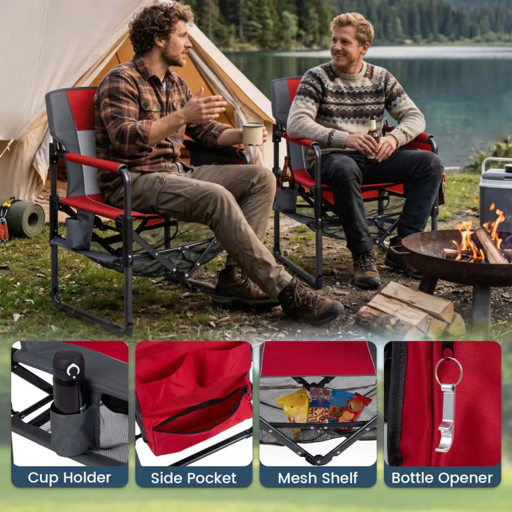 Heavy Duty Outdoor Camping Chair with Cup Holder and Bottle Opener-Red - Red - Camping Furniture