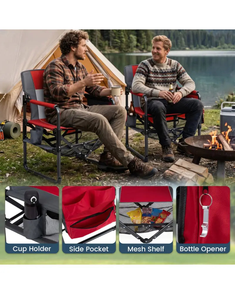 Heavy Duty Outdoor Camping Chair with Cup Holder and Bottle Opener-Red - Red - Camping Furniture