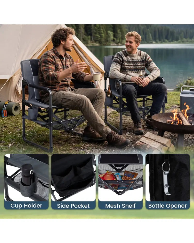 Heavy Duty Outdoor Camping Chair with Cup Holder and Side Pocket-Black - Black - Camping Furniture
