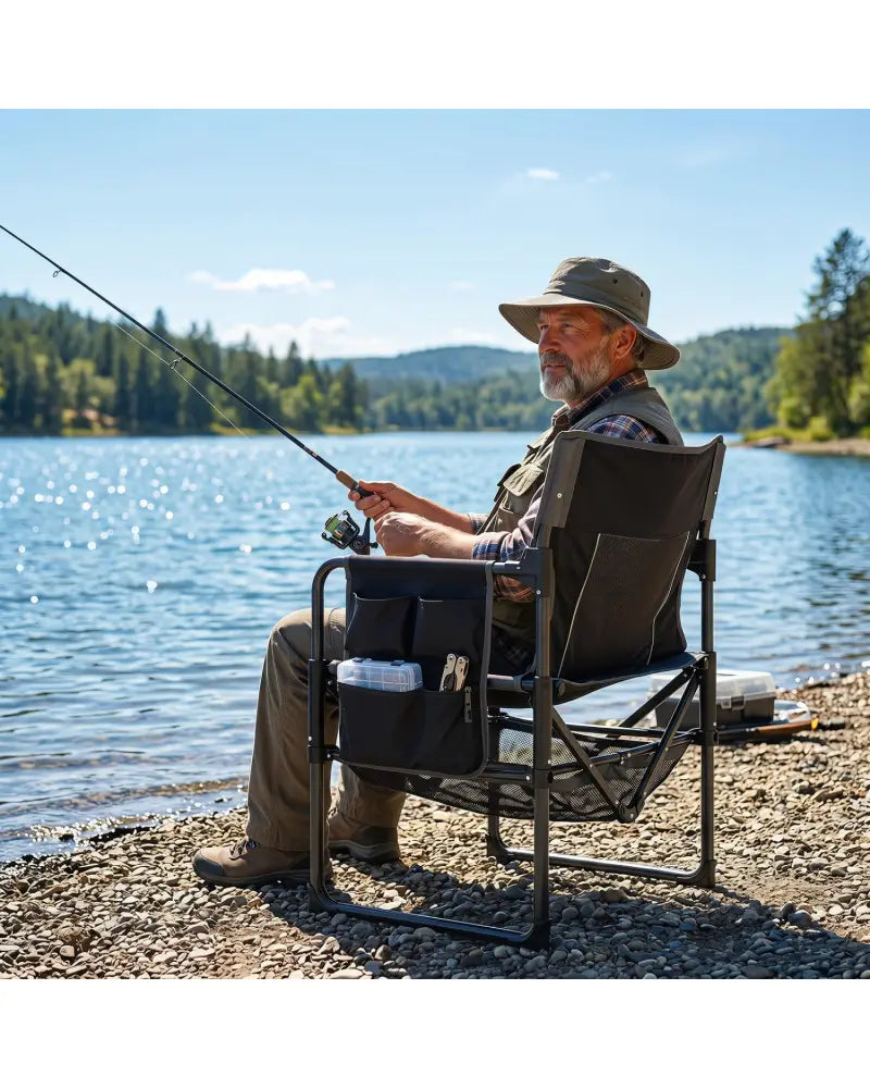 Heavy Duty Outdoor Camping Chair with Cup Holder and Side Pocket-Black - Black - Camping Furniture