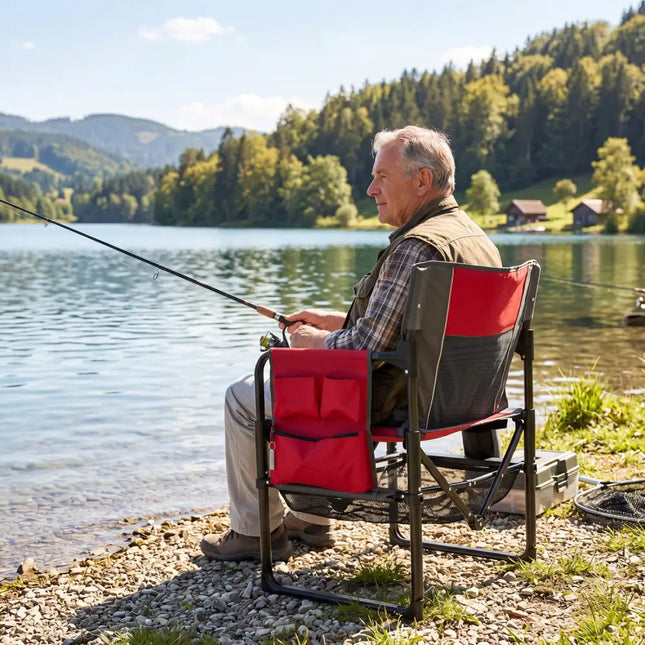 Heavy Duty Outdoor Camping Chair with Cup Holder and Side Pocket-Red - Red - Camping Furniture
