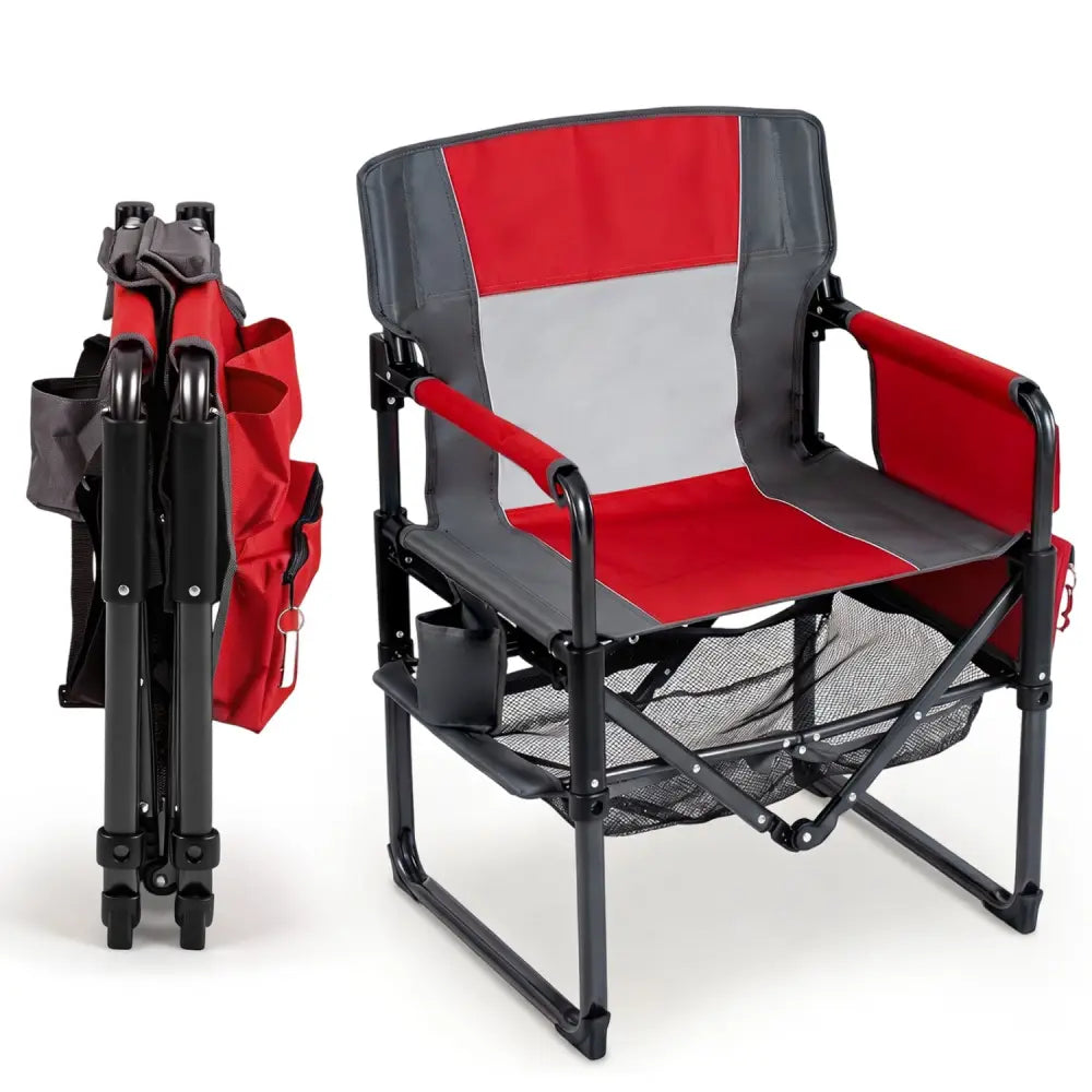 Heavy Duty Outdoor Camping Chair with Cup Holder and Side Pocket-Red - Red - Camping Furniture