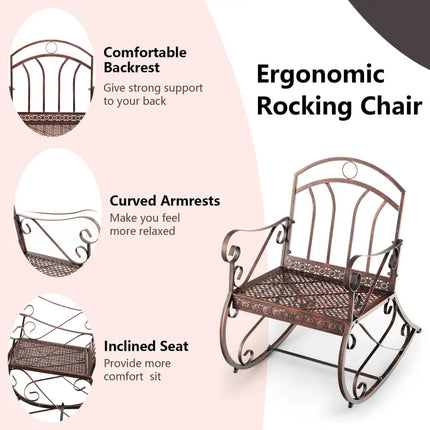 Heavy-Duty Patio Rocking Chair with Ergonomic Backrest and Armrests-Red - Red - Patio Rocking Chairs & Gliders