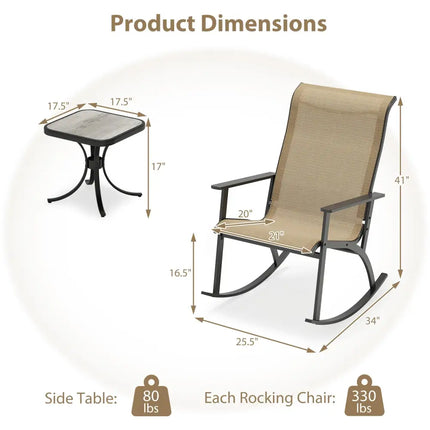 Heavy-Duty Rocking Bistro Chairs and Table Set with High Backrest and Wood-Plastic Tabletop-Brown - Brown - Patio