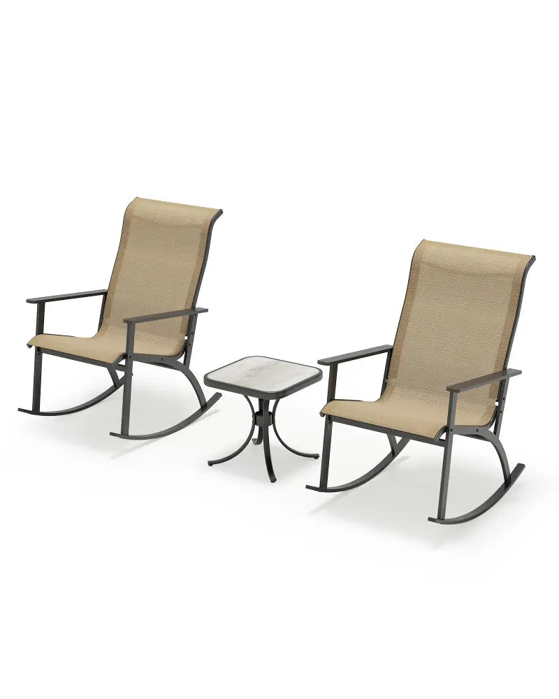 Heavy-Duty Rocking Bistro Chairs and Table Set with High Backrest and Wood-Plastic Tabletop-Brown - Brown - Patio