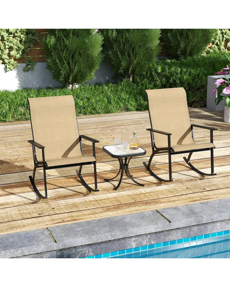 Heavy-Duty Rocking Bistro Chairs and Table Set with High Backrest and Wood-Plastic Tabletop-Brown - Brown - Patio
