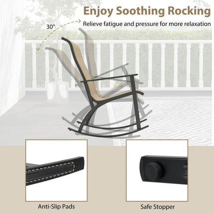 Heavy-Duty Rocking Bistro Chairs and Table Set with High Backrest and Wood-Plastic Tabletop-Brown - Brown - Patio
