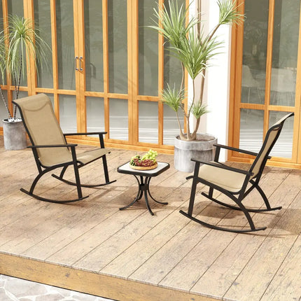 Heavy-Duty Rocking Bistro Chairs and Table Set with High Backrest and Wood-Plastic Tabletop-Brown - Brown - Patio