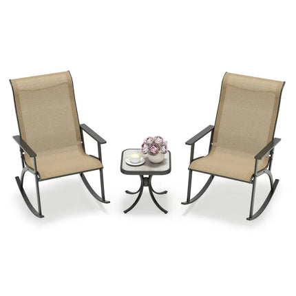 Heavy-Duty Rocking Bistro Chairs and Table Set with High Backrest and Wood-Plastic Tabletop-Brown - Brown - Patio
