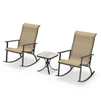 Heavy-Duty Rocking Bistro Chairs and Table Set with High Backrest and Wood-Plastic Tabletop-Brown - Brown - Patio