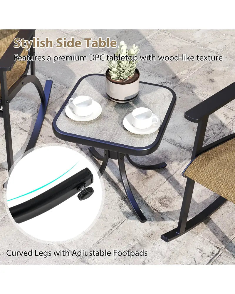 Heavy-Duty Rocking Bistro Chairs and Table Set with High Backrest and Wood-Plastic Tabletop-Brown - Brown - Patio
