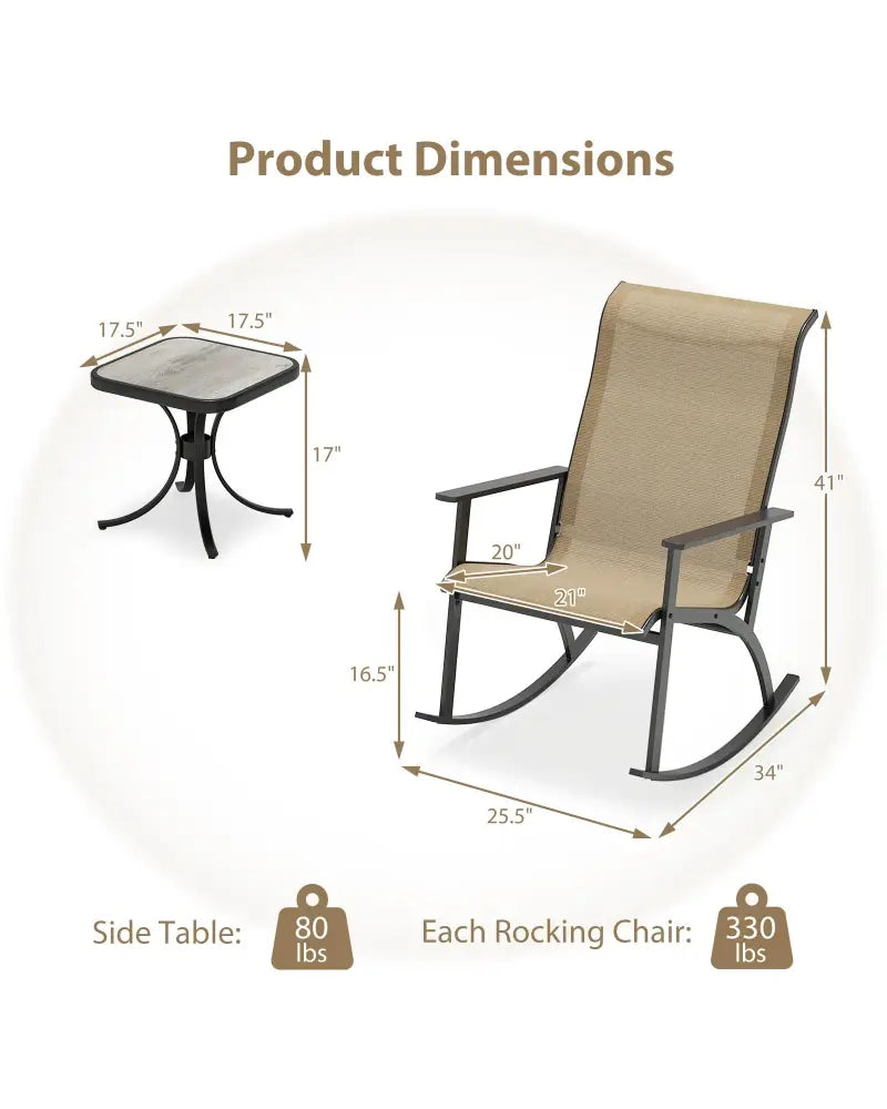 Heavy-Duty Rocking Bistro Chairs and Table Set with High Backrest and Wood-Plastic Tabletop-Brown - Brown - Patio