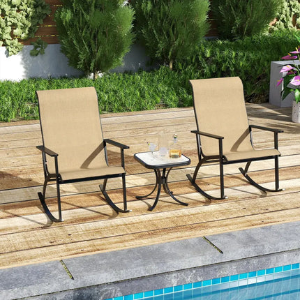 Heavy-Duty Rocking Bistro Chairs and Table Set with High Backrest and Wood-Plastic Tabletop-Brown - Brown - Patio