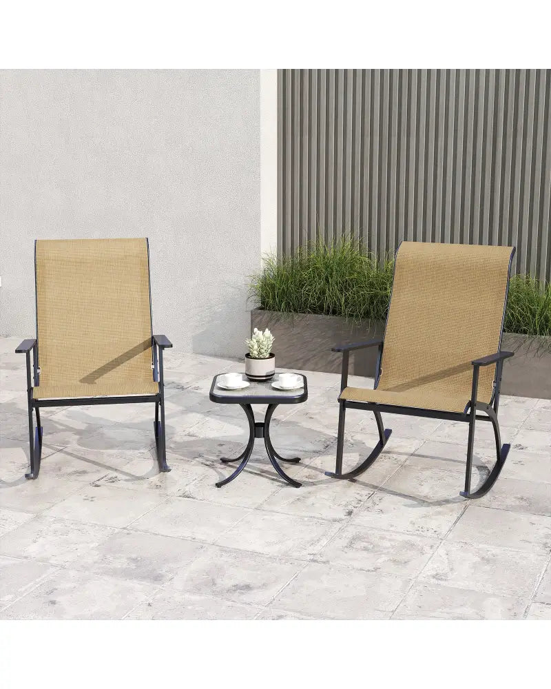 Heavy-Duty Rocking Bistro Chairs and Table Set with High Backrest and Wood-Plastic Tabletop-Brown - Brown - Patio