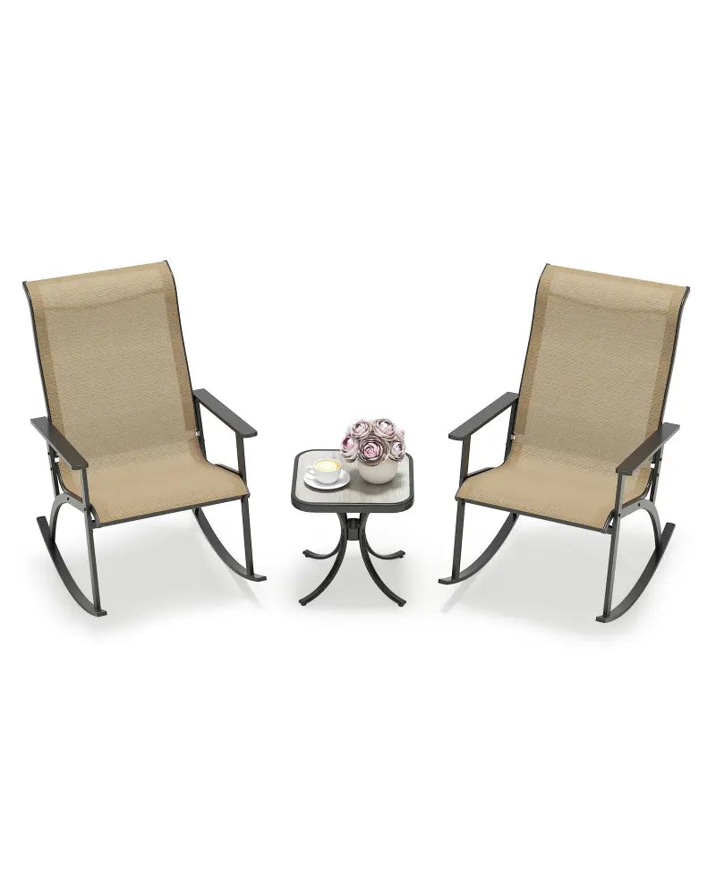 Heavy-Duty Rocking Bistro Chairs and Table Set with High Backrest and Wood-Plastic Tabletop-Brown - Brown - Patio