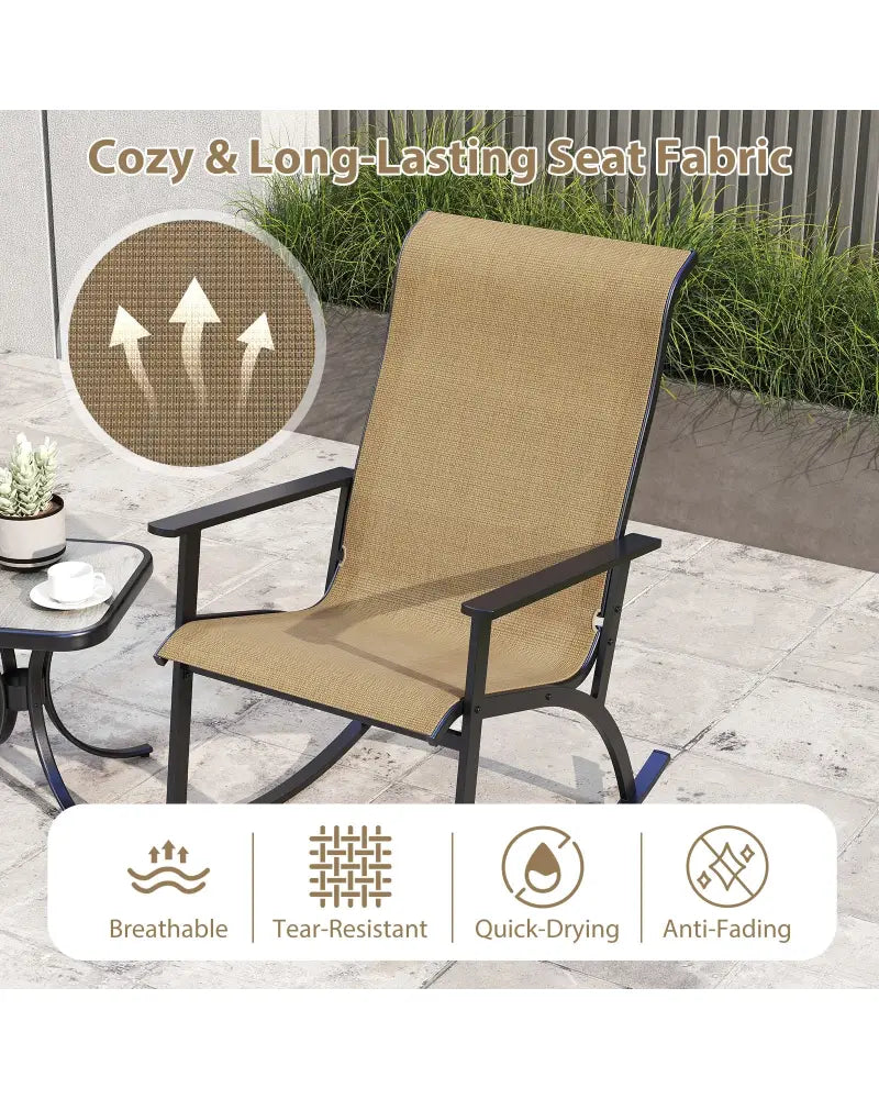 Heavy-Duty Rocking Bistro Chairs and Table Set with High Backrest and Wood-Plastic Tabletop-Brown - Brown - Patio